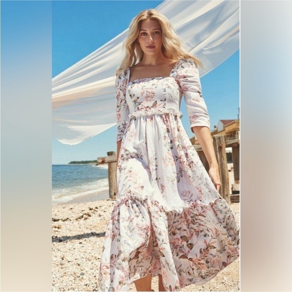 Cara Cara White Floral Maxi Dress with Pink & Green Print